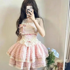 Hnewly  Japanese Sweet JSK Lolita Mini Dress Women Summer Cute Soft Girls Bow Slim Ballt Style Princess Party Suspender Dresses