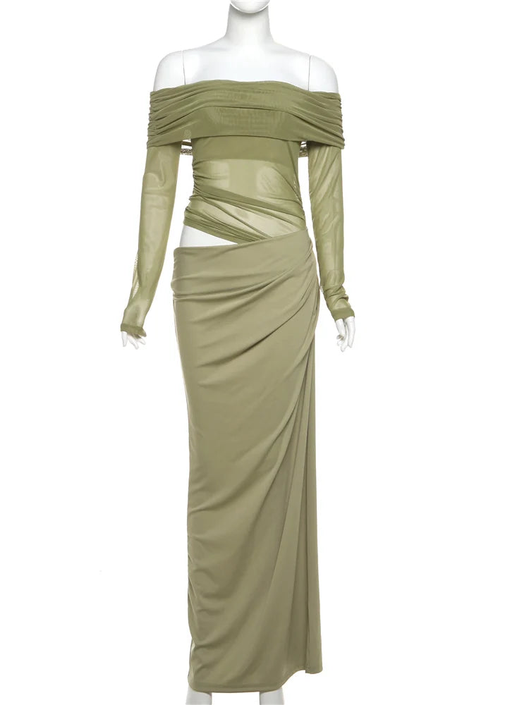 Hnewly  Weird Puss Slash Neck Dress Women Chic Elegant Sexy Patchwork Mesh Ruched Hollow Birthday Party Clubwear  Vacation Vestidos