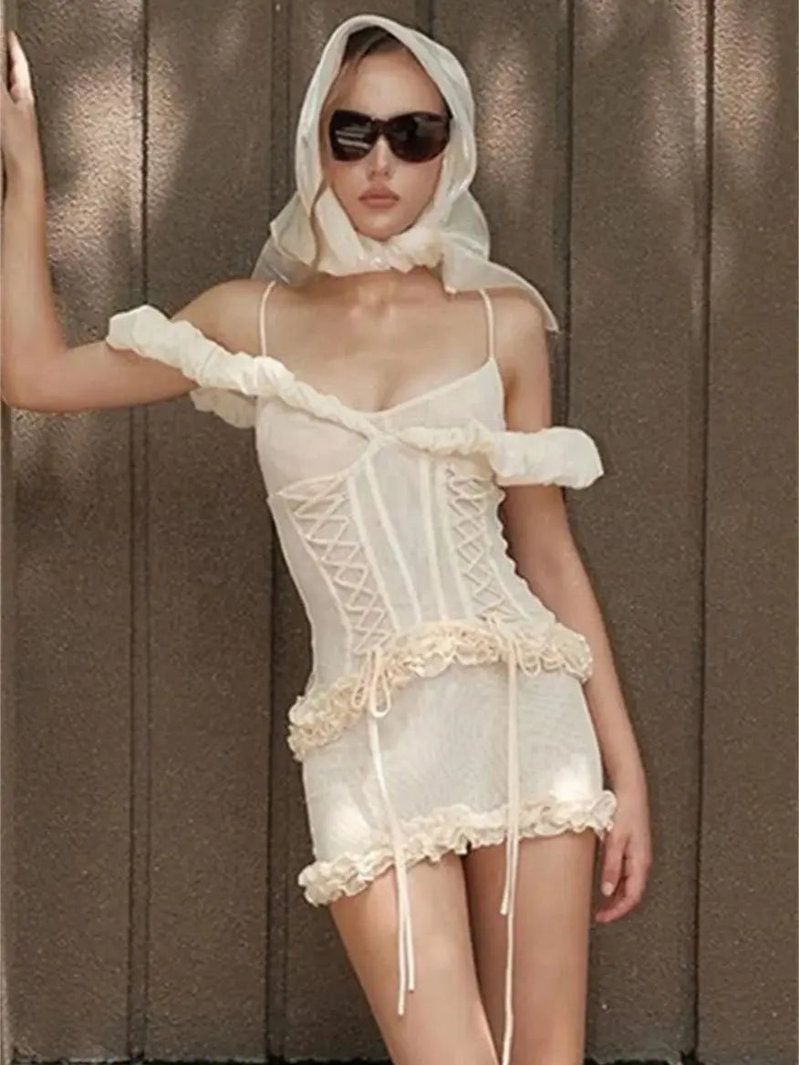 Hnewly  Cutenew Slash Neck Sexy Dress Women Sweet Mesh Ruffles Shirring Sleeveless Patchwork Stretch Vacation Party Club Bodycon