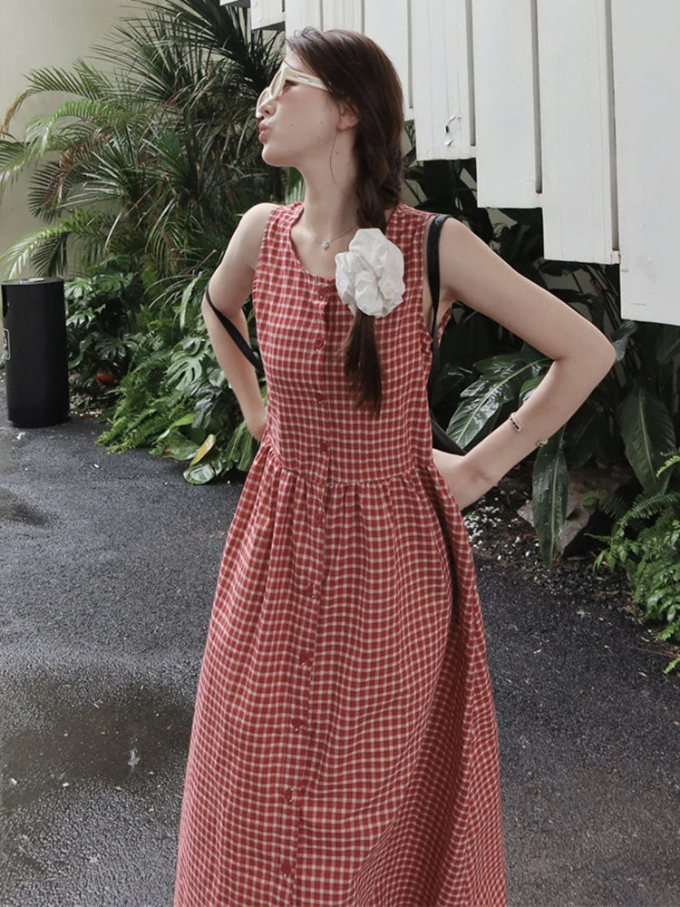 Hnewly Sweet Red Plaid Long Dress Women Elegant Casual Sleeveless Korean Dress Vintage Female Preppy Style Loose A Line Vestidos