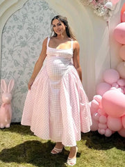 Hnewly  Maternity Photography Gingham Dresses Sleeveless Strap Pregnancy Photoshoot Outfit Gender Reveal Dress Elegant Maternity Gown