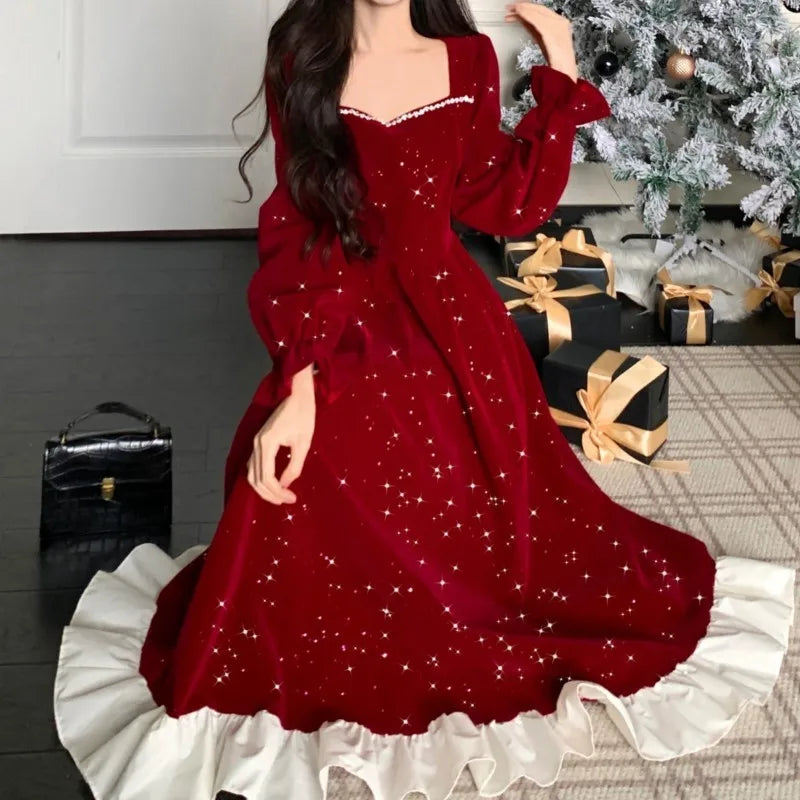 Hnewly NEW YEAR DRESS TO IMPRESS Autumn Shiny Velvet Midi Dresses for Women Long Sleeve Square Collar Oversize Ruffles Patchwork Christmas Party Dress Vestidos