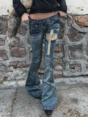 Hnewly  Y2k Aesthetic Women Zipper Denim Pant Spring High Waist Vintage Hollow Out Hole Harajuku Pants Streetwear Grunge Flared Trousers