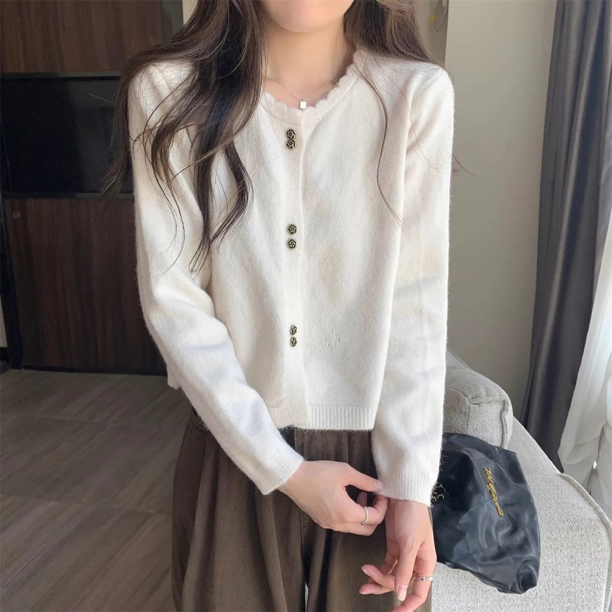 Hnewly  Sweet Short Hollowed Out Sweater Chic Buttons Long Sleeved Knitted  Cardigan Jacket Korean series Round Neck Loose Top
