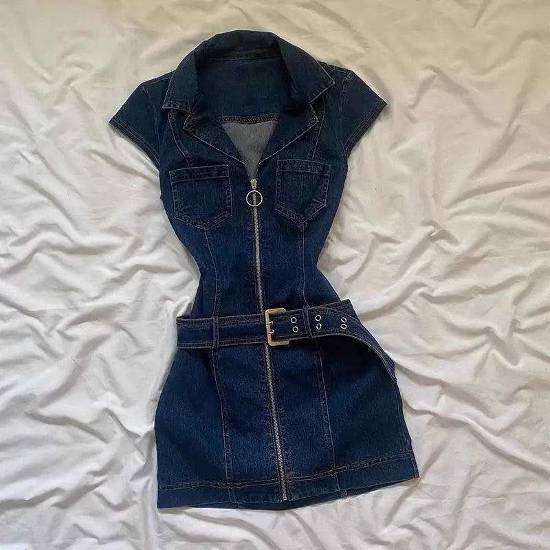 Hnewly  Summer New Denim Women's Dresses Belt Tunic Dress Zipper Ropa Mujer Gothic Vestidos Korean Fashion Casual Roupas Feminina
