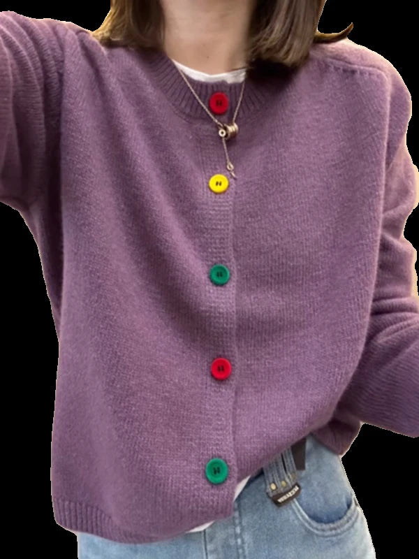 Hnewly  Rainbow Single Breasted Sweater O-neck Knitted Cardigan Korean Sweet Spring  Autumn New Lazy Style Long Sleeve Pink coat