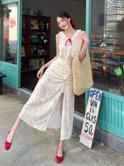 Hnewly Sweet Floral Patchwork Dress for Women Summer Elegant Ruffled Slit Dress Y2K Fashion Lace Up Bow Beach Vacation Party Vestidos