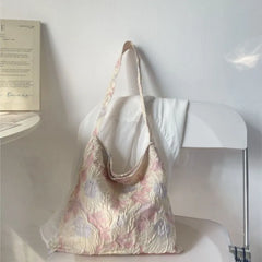 Hnewly  Retro Oil Painting Tulip Shoulder Bag Women Floral Crinkled Large Capacity Canvas Bag Ladies Artistic Elegant Underarm Bags