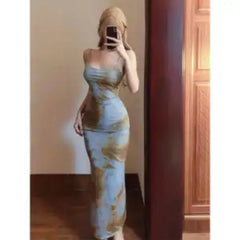 Hnewly  Women's Sexy Bodycon Maxi Dress with Blue and Brown Tie Dye Print Spaghetti Strap Sleeveless Party Dress for Night Out