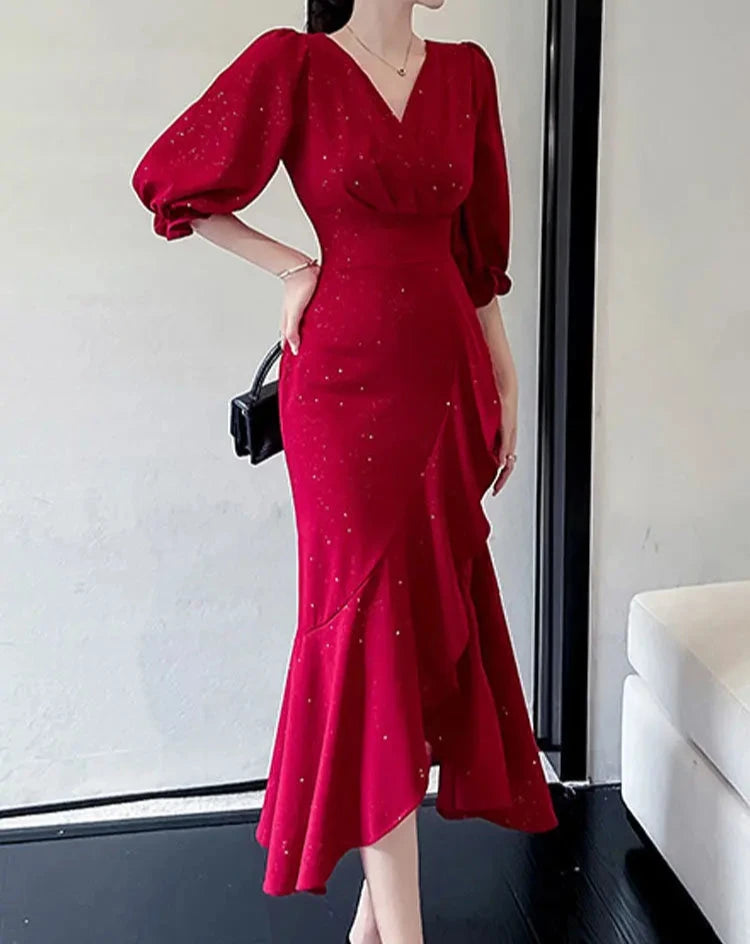 Hnewly Elegant Midi Red Mermaid Dress Women Autumn Korean Sexy V-neck Irregular Sequins Dress Vintage Casual Evening Party Dress