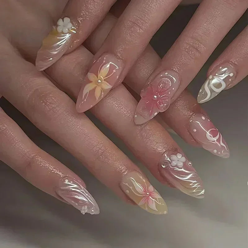 Hnewly 24pcs Detachable Flower Almond bowknot French False Nails Stars Love Glitter Design Press on Nails Fake Nials DIY Manicure Nails