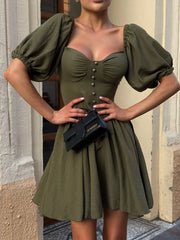 Hnewly  Elegant Printed A-line Slim Fit Dress Women Chic Square Neck Puff Short Sleeve Waist-cinching Dresses Highstreet Outwear