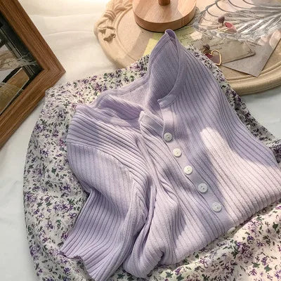 Hnewly  Knitted Short Sleeved T-shirt Sweater Women Spring  Summer 2025 Thin Loose V-neck Single Breasted Top Solid Short Cardigan Coat
