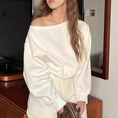 Hnewly  Spring and autumn pure color hoodie female temperament a line neck shoulder loose casual short long sleeve hoodie