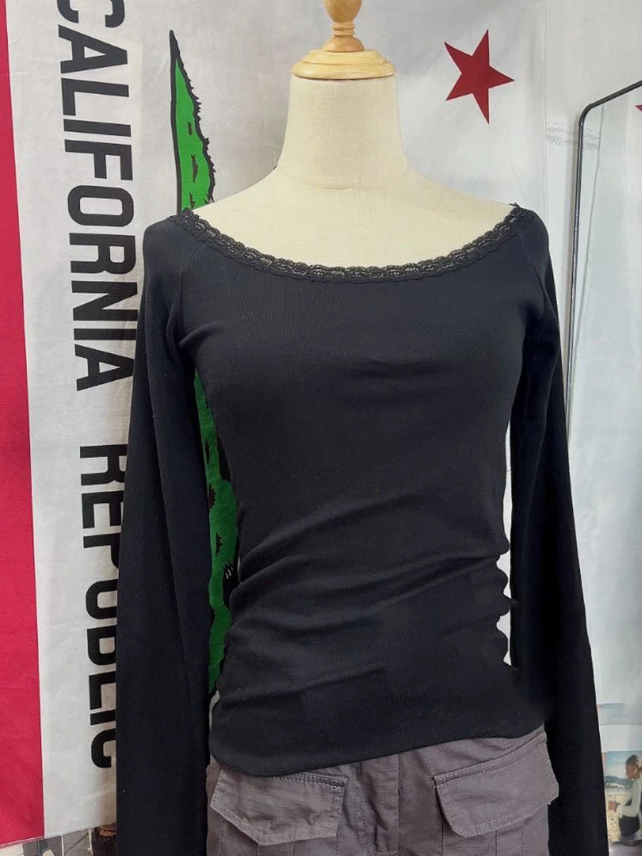 Hnewly  New Lace Trim Black Long Sleeve T-shirt Woman Scoop Neck Cotton Slim Tee Shirt Autumn Vintage Streetwear Sweet Tshirt Y2k Tops