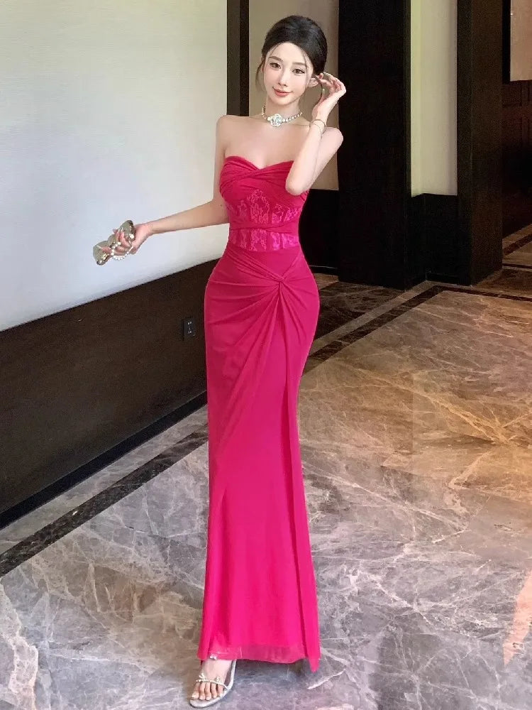 Hnewly  Dresses Women Sexy Lace Patchwork Strapless Slim Ruched Backless Temperament Cocktail Dress Party Female Fashion