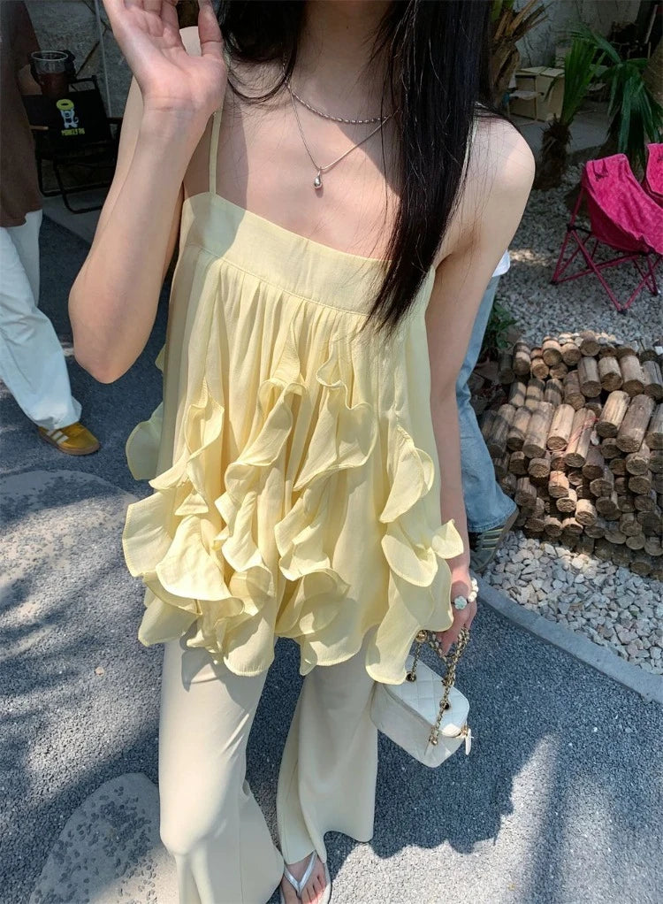 Hnewly  Camis Women Sweet Ruffles Patchwork Slash Neck Backless Summer Fashion Solid Tank Tops Female French Style Chic