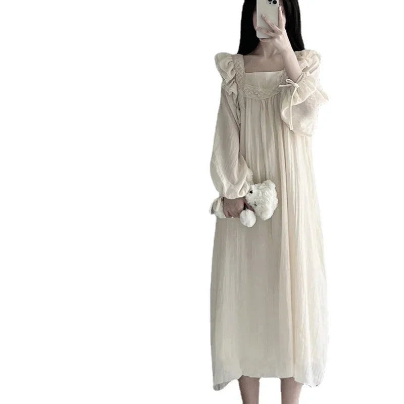 Hnewly Lace Nightgown Sleepwear Women Korean Ruffles Night Dress Spring One Piece Pajamas Long Sleeve Square Collar Home Wear 2024 New