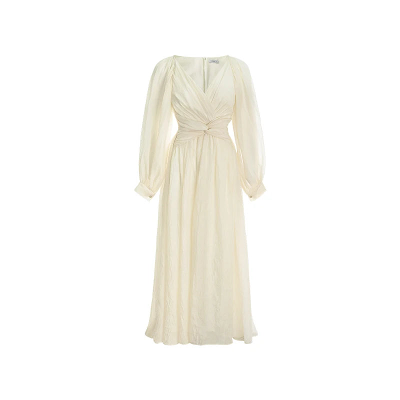 Hnewly DRESS TO IMPRESS Korean V-neck Pleated midi Dresses for Women beach Vintage Lace Party Dress female Summer casual Puff Sleeve Elegant Dreses