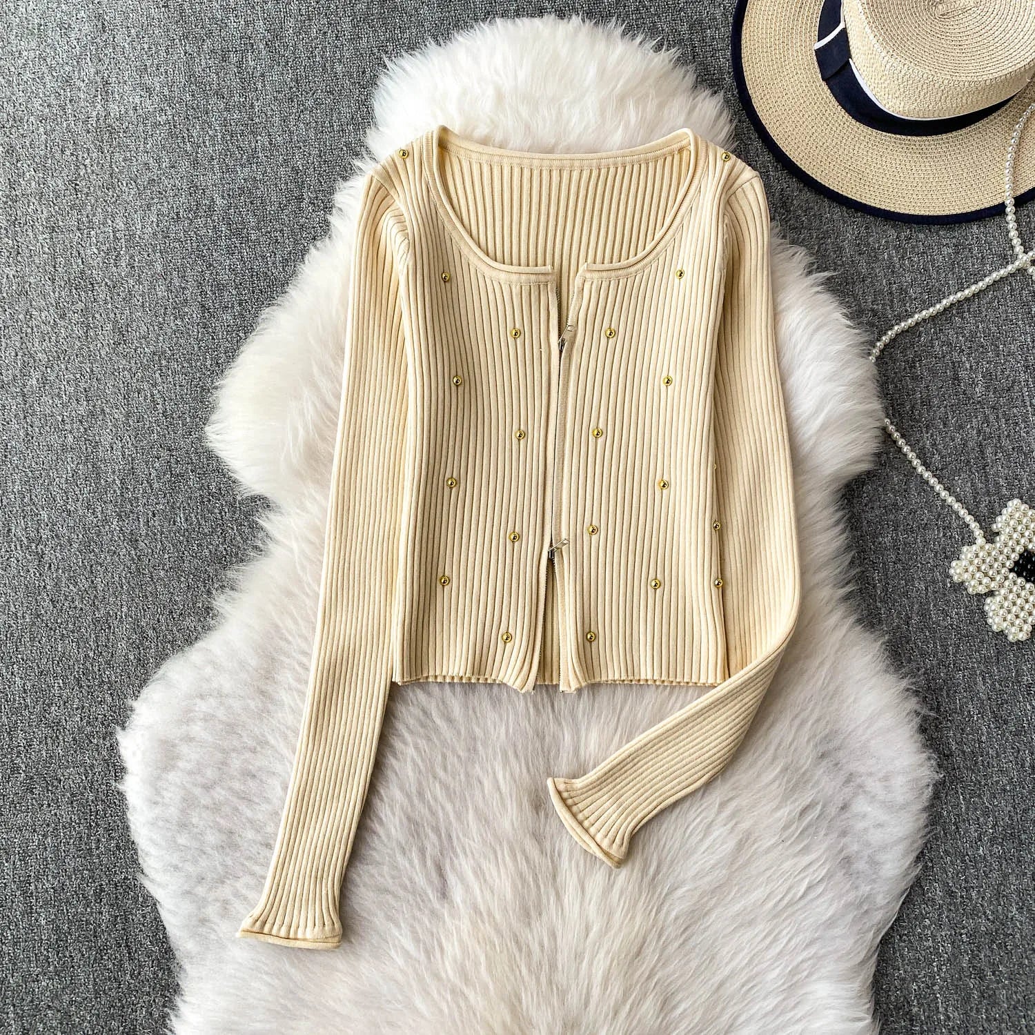 Hnewly  Beading Knitted Striped Zippered Sweater Cardigan Women's Spring Autumn O-Neck Top New Loose Harajuku Long Sleeved Outwear