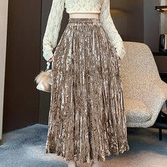 Hnewly  Luxury Solid Velvet Skirts Woman Summer Autumn Korean A-Line Folds Long Skirts for Women Temperament High Waisted Women's Skirts