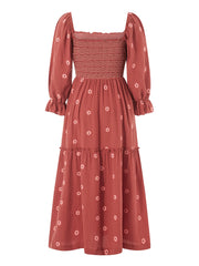 Hnewly  Bohemian Floral Dress Women Square Neck Ruffle Swing A Line Maxi Dress Long Sleeve Beach Style Holiday Lady Club Party Dress