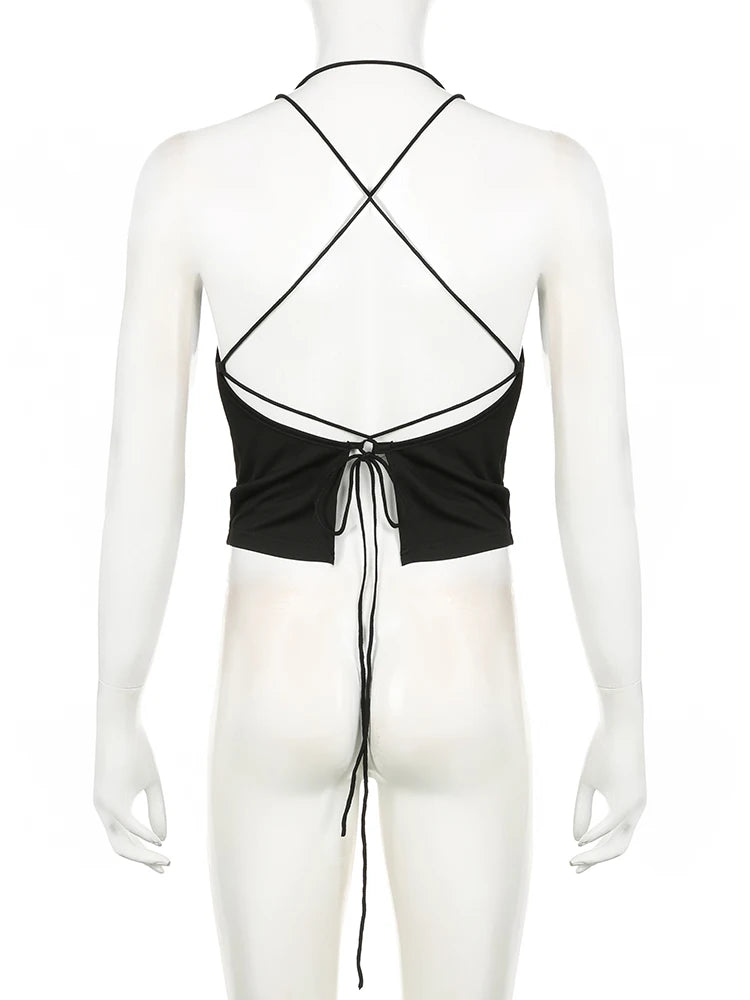 Hnewly Sexy Slim Backless Bandage Camis Top Slim Solid V-Neck Sleeveless Crop Tops Women 2024 Summer Fashion Streetweear Ladies