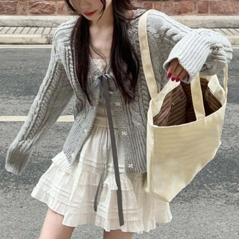 Hnewly Fairycore Sweater y2k Clothes Women Solid Color V Neck Long Sleeve Cardigan Knitted Tops 2000s Clothing Streetwear