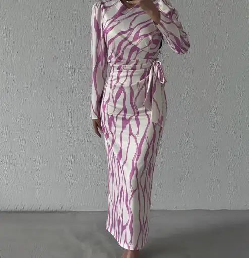 Hnewly  Women's Autumn Round Neck Graffiti Long Sleeve Maxi Dress, Striped Printed Pattern Lace Up Elegant Long Dress