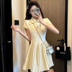 Hnewly  Korean Style  Collar Short Sleeve Dress Women's Summer Design Sweet Personality Slimming Pleated  Skirt Casual Dress