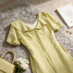 Hnewly  Summer Gentle Lace Trim V-Neck Bubble Sleeve Dress plus Size Elegant Waist-Cinching Texture Long Dress Korean Style High Wais...