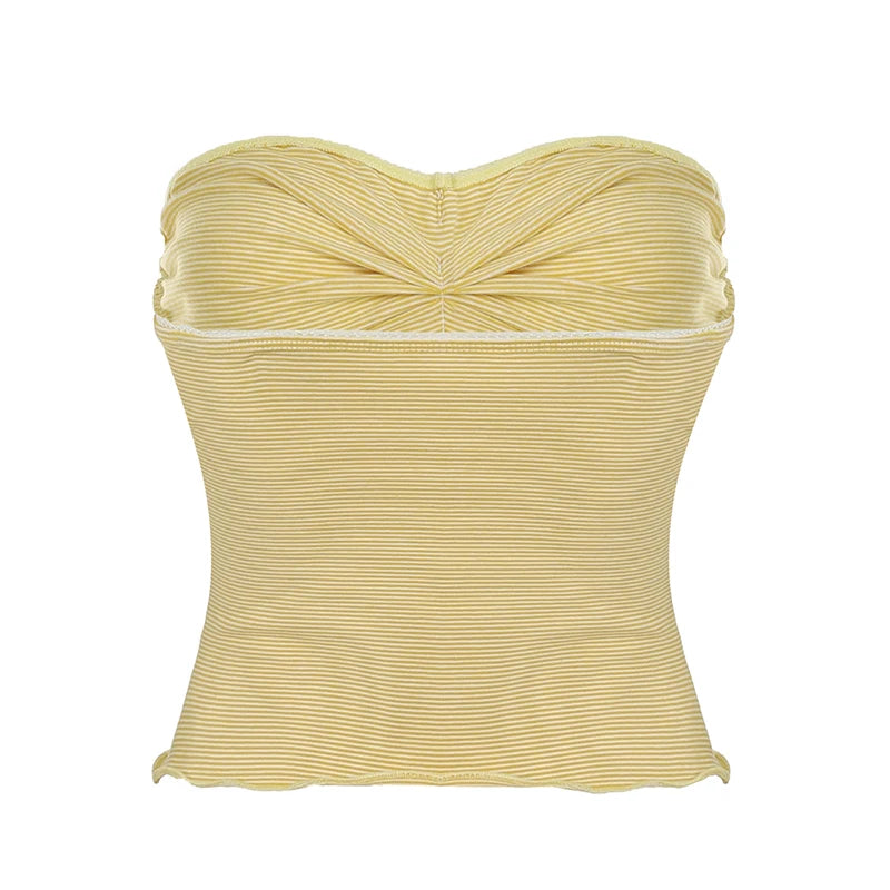 Hnewly Summer Kawaii Striped Crop Top Cute Coquette Bow Stitching Sleeveless Tube Top Women y2k Vintage Knitted Vest Casual Tees