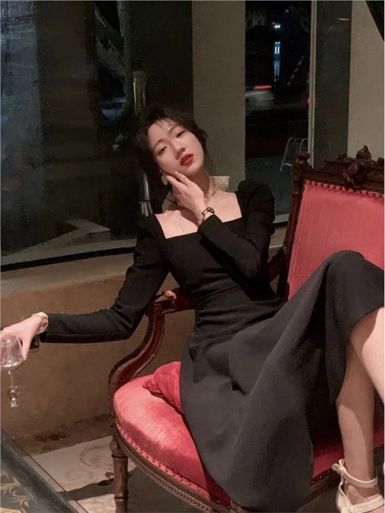 Hnewly Spring New Elegant Square Collar Midi Party Dress  For Women Long Sleeve Black White Slim Vestidos Female Clothes