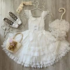 Hnewly  Original Design New Summer Lolita Dress Women's Sweet Flower Wedding Lace Bowknot JSK Sling Dress Black and White Princess