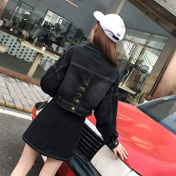 Hnewly Jean Jacket for Women Spring Autumn New Korean Bat Sleeved Short Top Loose BF Style Student Fashion Turn-down Collar Denim Coat