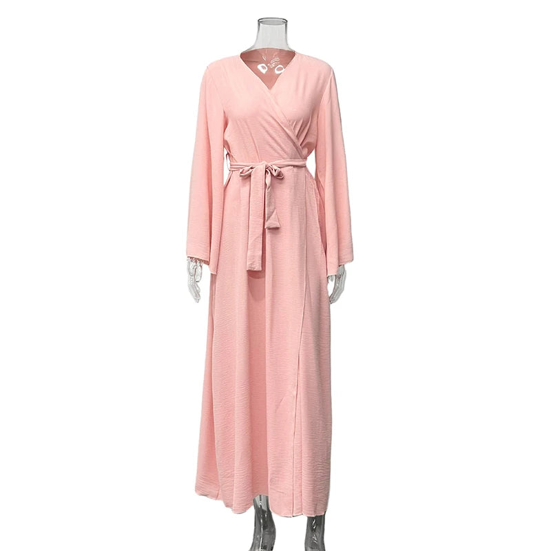 Hnewly  Casual Pleated Women's Shirt Chic V-Neck Flare Sleeve Open Stitch Lace-Up Solid Long Shirts Summer Fashion Female Robe