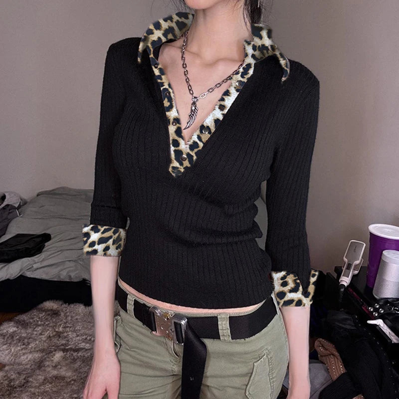 Hnewly y2k Tops Women Fairycore Clothes Sexy Leopard Print Lapel Collar Long Sleeve T Shirts 2000s Grunge Clothing Streetwear