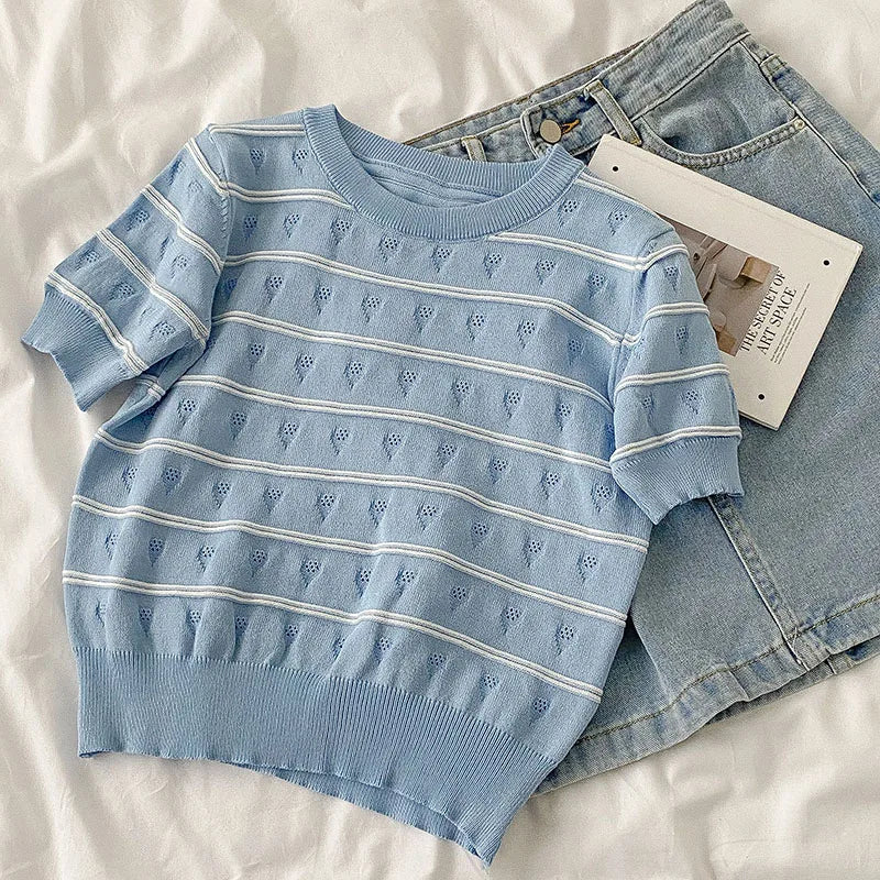 Hnewly  Vintage Stripe Knitted T-Shirt Women's Spring Summer New Fashion All-matched O- Neck Short Sleeve Slim Short Shirt Tops