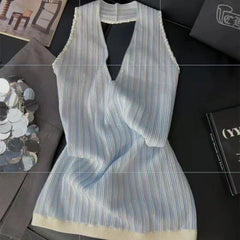 Lunivop  korean high street halter knitter camisole y2k aesthetic constrast color plaid sexy backless design tank tops harajuku girl tees