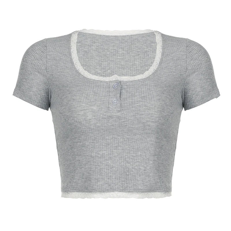 Hnewly Y2k Vintage Crop Top Lace Patchwork Square Collar Short Sleeve Skinny T-shirt Women Casual Summer Tees 2000s Basic Shirt