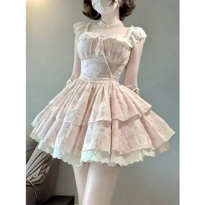 Hnewly  Princess Style Sweet Floral Print  Dress Women's Summer Gentle Wind Puffy Sleeveless Skirt Elegant Fairy Tale Short Dress