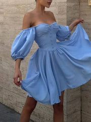 Hnewly  Elegant Printed A-line Slim Fit Dress Women Chic Square Neck Puff Short Sleeve Waist-cinching Dresses Highstreet Outwear