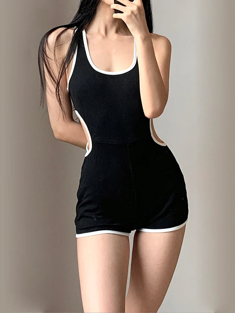 Hnewly Sporty Activewear Basic Hollow Out Playsuits Sexy Slim O-Neck Sleeveless Rompers Women Summer Fashion Streetwear