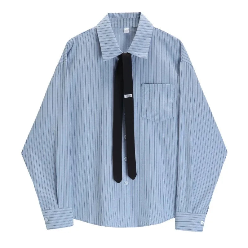 Hnewly  Autumn Winter Preppy Style Long Sleeve Shirt With Tie Striped Blouse Harajuku Aesthetic Korean Tops Japanese Y2k Tomboy