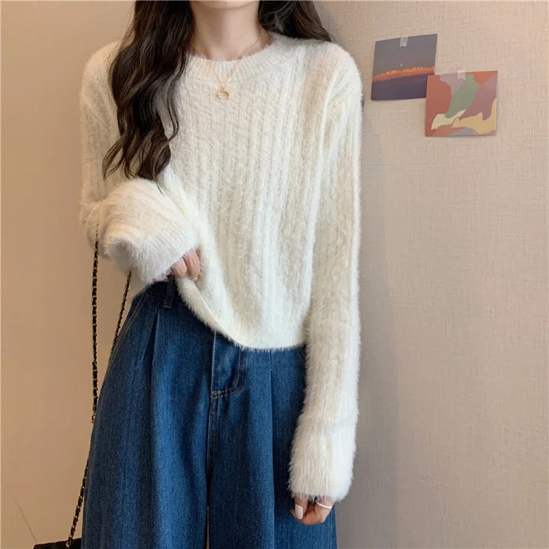 Hnewly  Fuzzy Knit Top Women Pullover Long Sleeve Plain Crop Sweate Pink Fluffy Jumper for Women Teen-girl Fall Winter Y2K Outfit