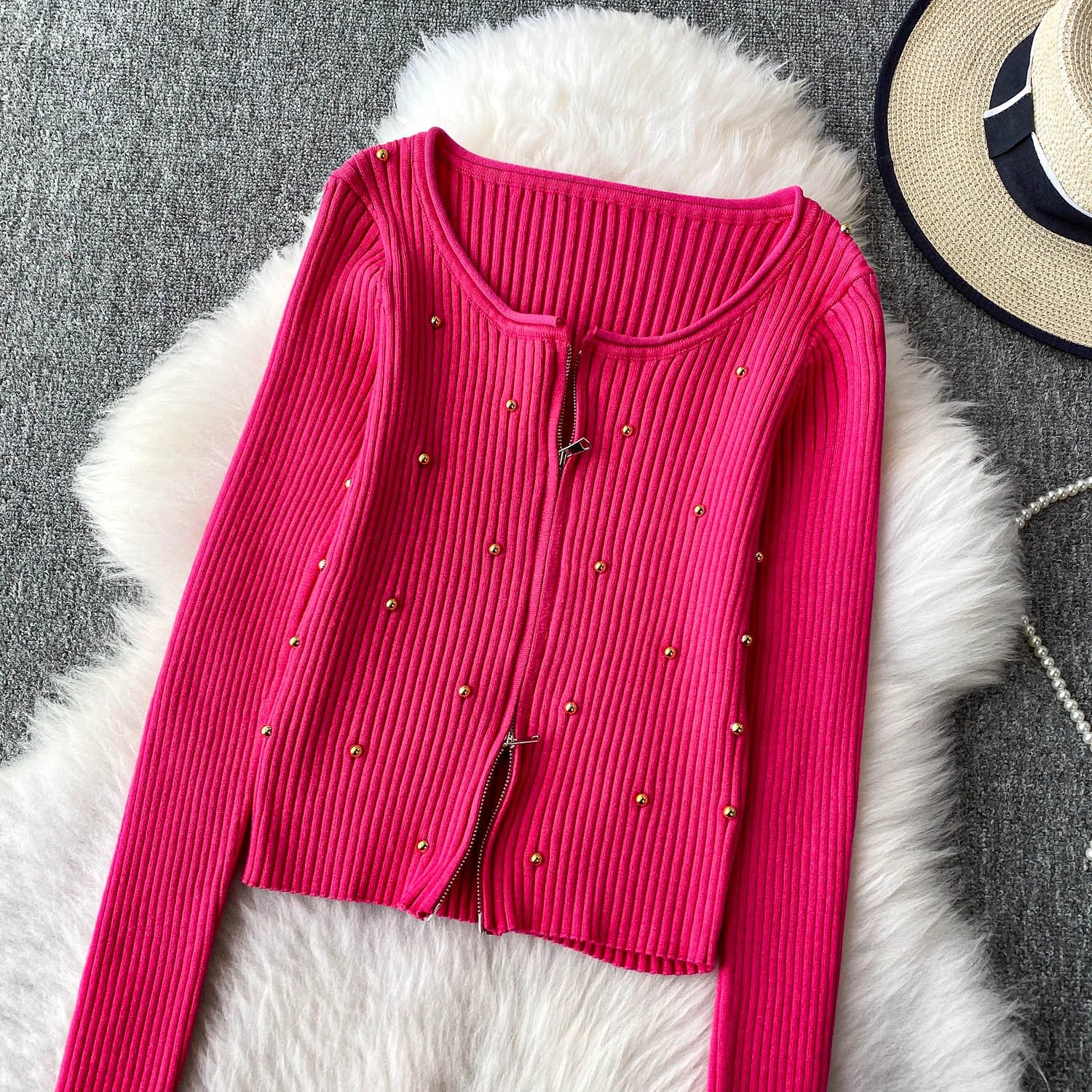 Hnewly  Beading Knitted Striped Zippered Sweater Cardigan Women's Spring Autumn O-Neck Top New Loose Harajuku Long Sleeved Outwear