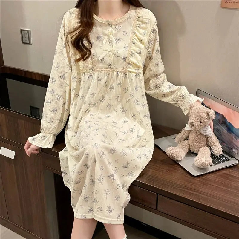 Hnewly Long Sleeve Nightgowns Women Floral Bow Temper Autumn Home Cozy Aesthetic O-neck Prairie Chic All-match Sleepwear Korean Style