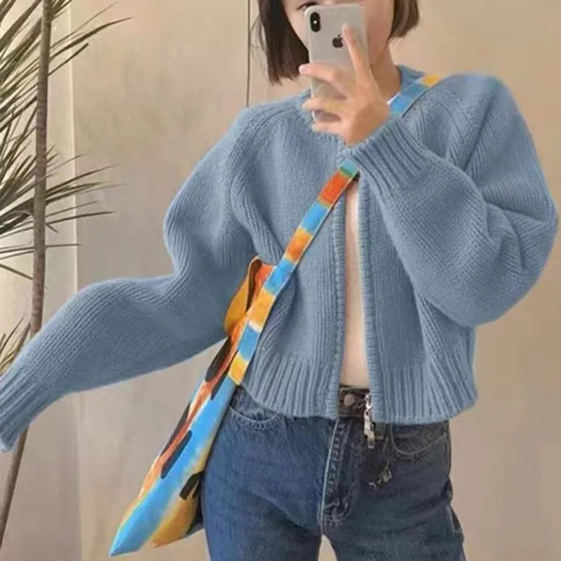 Hnewly Korean Women Knitted Sweater Autumn Winter Chic Loose Long Sleeve Cardigan Tops Simple Solid Color Sweater Jacket