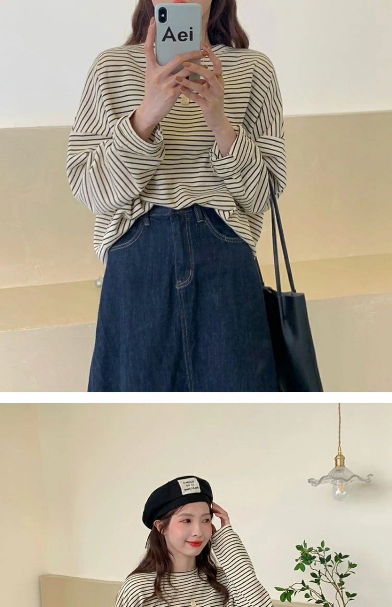 Hnewly  Coffee Stripes Cotton T-Shirts Women Loose Spring Autumn 2023 Lady Casual Full Sleeve O-Neck Chic All Match Tops