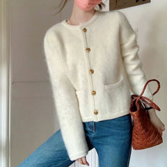 Hnewly  Soft White Sweater Elegant O-Neck Single Breasted Versatile Coat New Women's Autumn/Winter Comfortable Knitted Cardigan